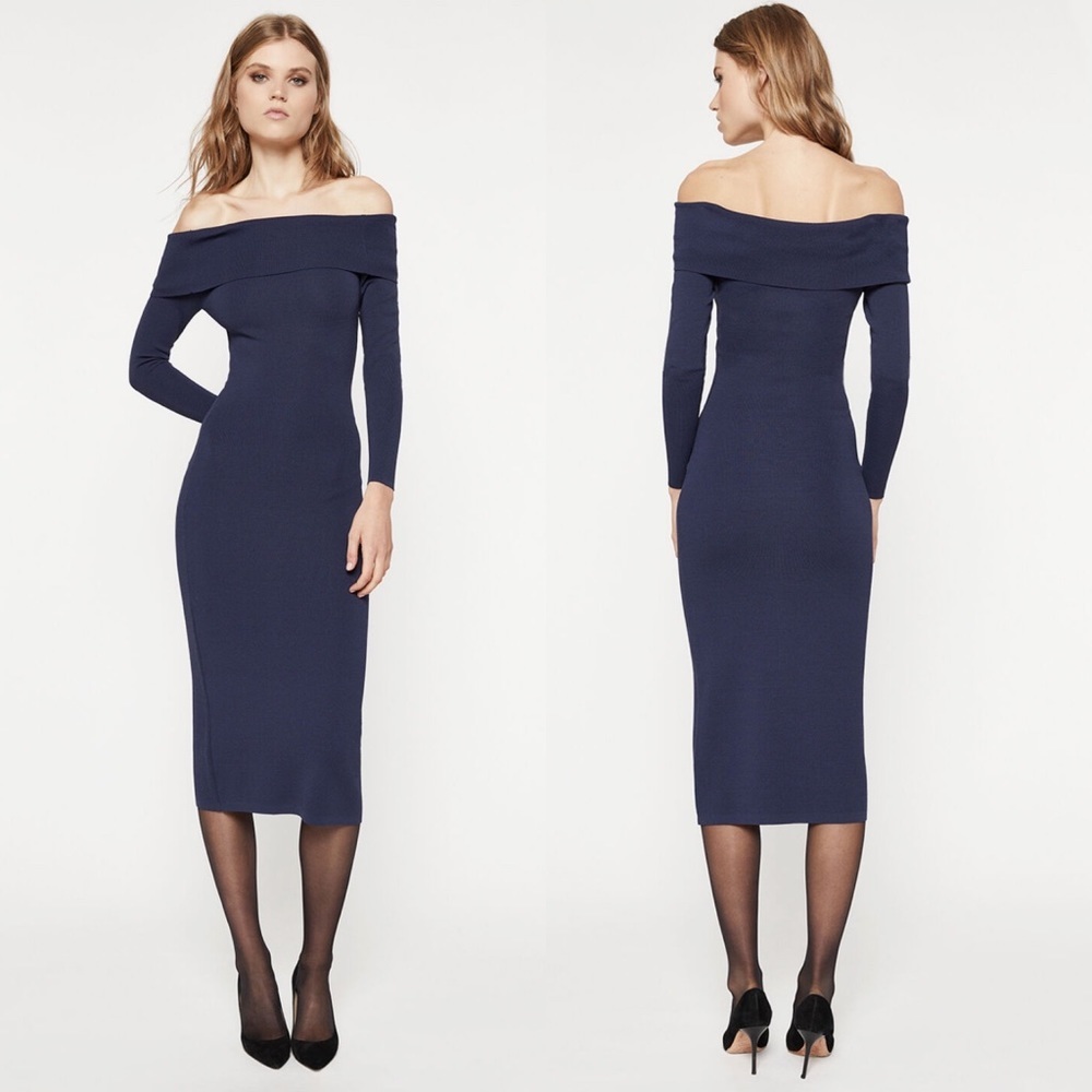 NWT Bardot Off the Shoulder Knit Midi Dress Navy Blue